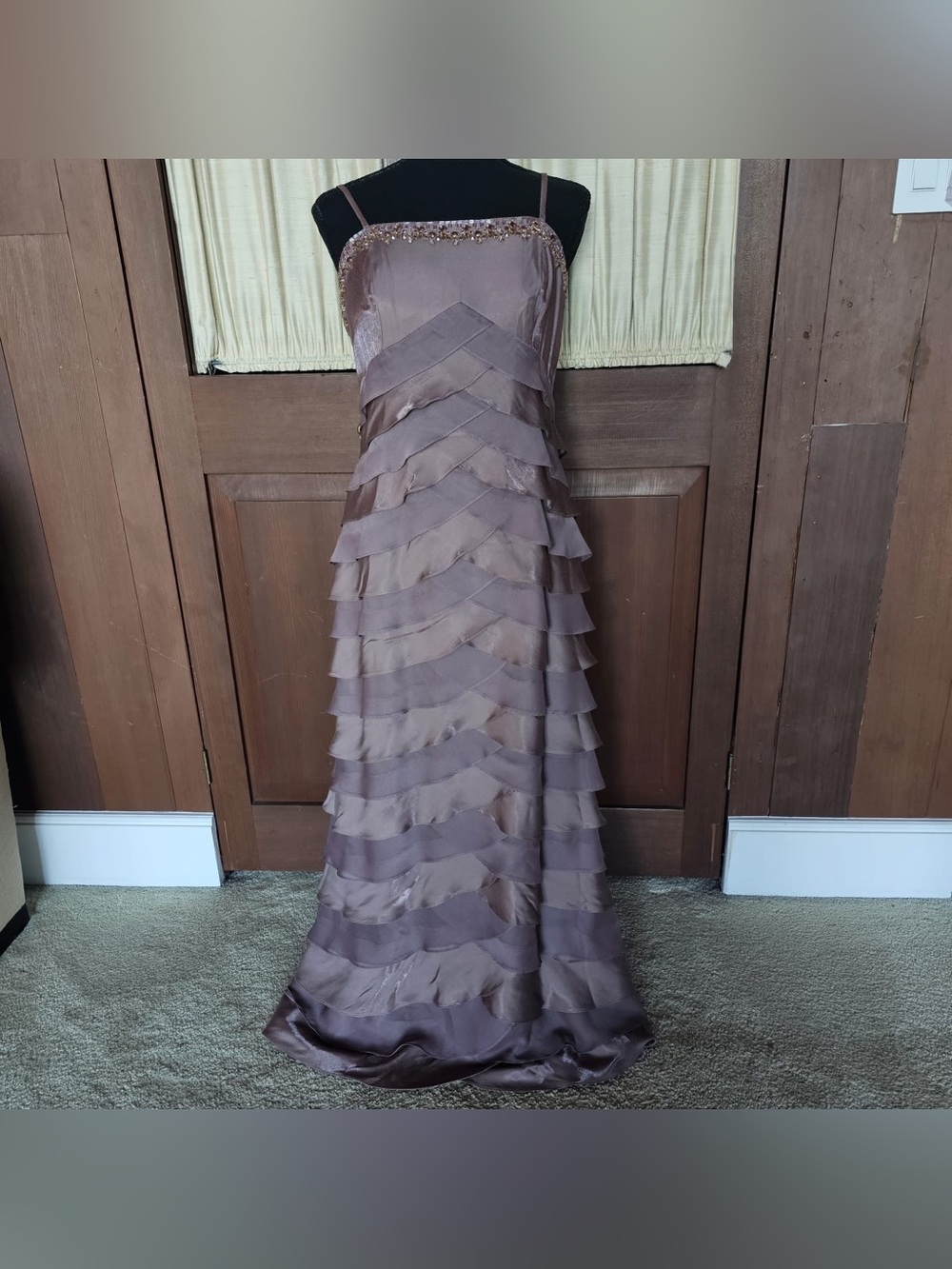 Alex Evenings Taupe Layered Chiffon Maxi Dress with Beaded Neckline